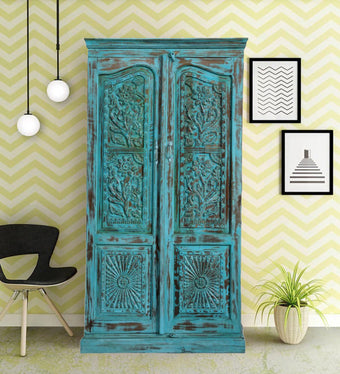 Antique Armoire Blue Carved Brass Studs Farmhouse Cabinet Wardrobe 80